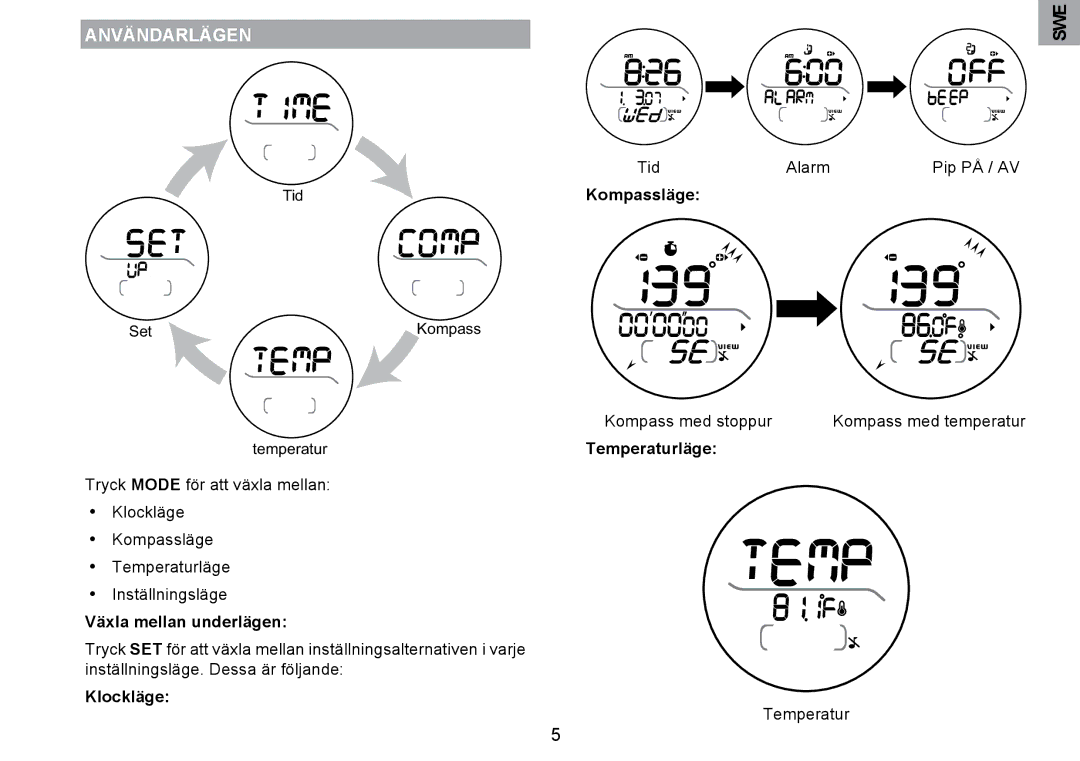 Oregon Scientific RA126 user manual Användarlägen, Kompassläge, Temperaturläge, Växla mellan underlägen 