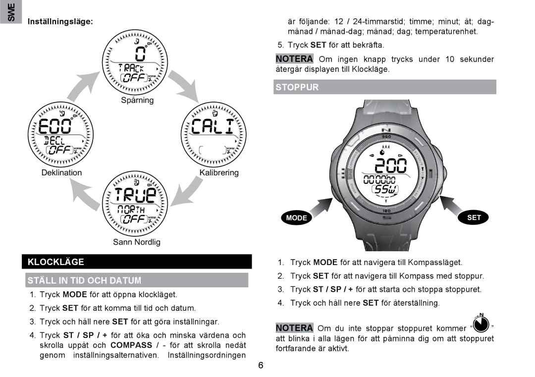 Oregon Scientific RA126 user manual Klockläge Ställ in TID OCH Datum, Stoppur, Inställningsläge 