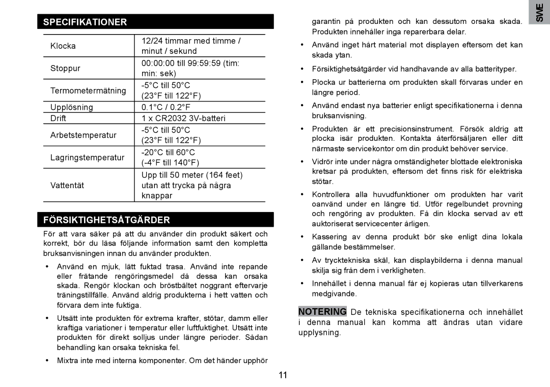 Oregon Scientific RA126 user manual Specifikationer, Försiktighetsåtgärder 