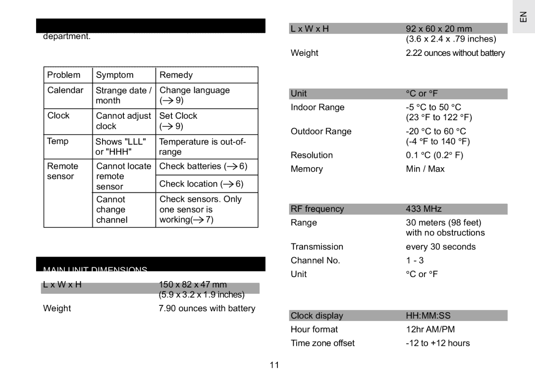 Oregon Scientific RAR186 specifications Main Unit Dimensions, Hhmmss 