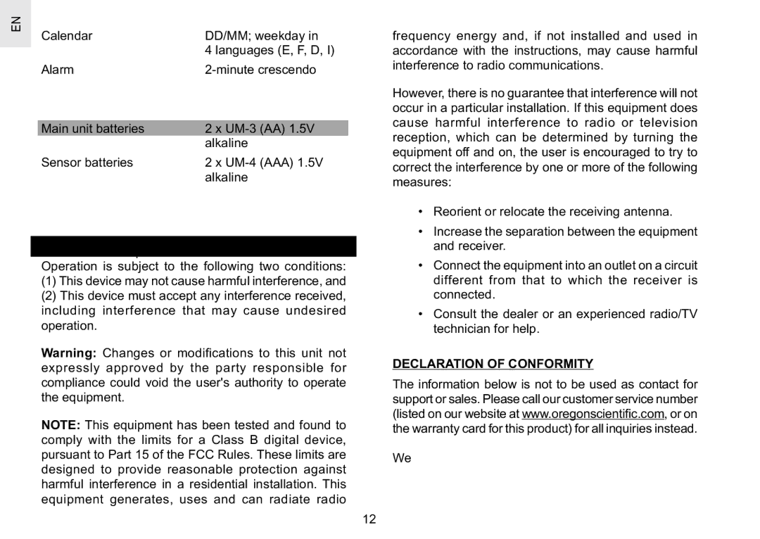 Oregon Scientific RAR186 specifications Declaration of Conformity 