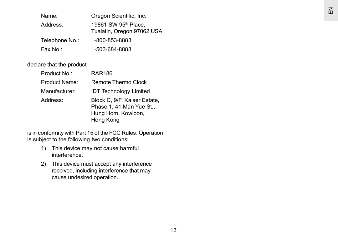 Oregon Scientific RAR186 specifications 