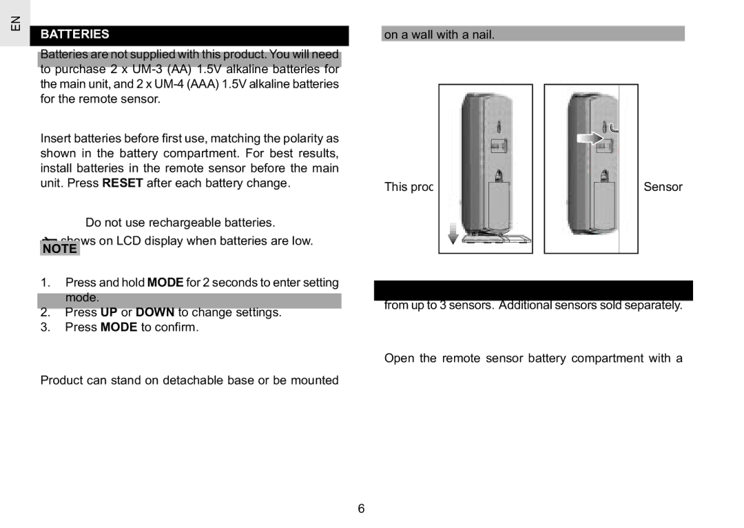 Oregon Scientific RAR186 specifications Batteries 