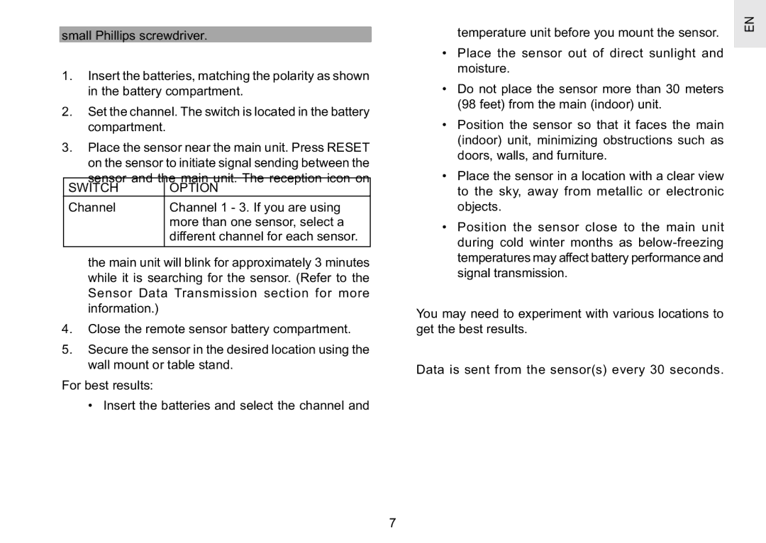 Oregon Scientific RAR186 specifications Switch Option 