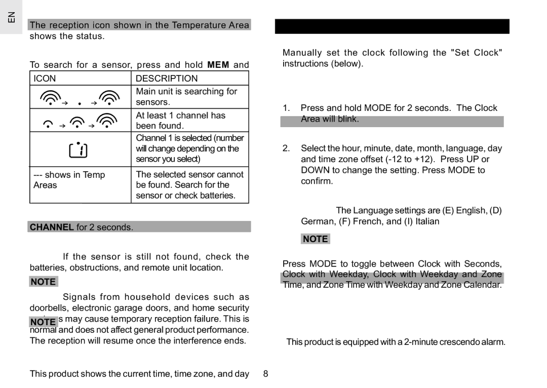 Oregon Scientific RAR186 specifications Icon Description 