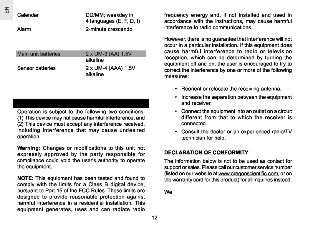 Oregon Scientific RAR186 specifications Declaration Of Conformity 