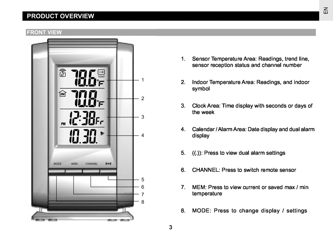 Oregon Scientific RAR186 specifications Product Overview, Front View 