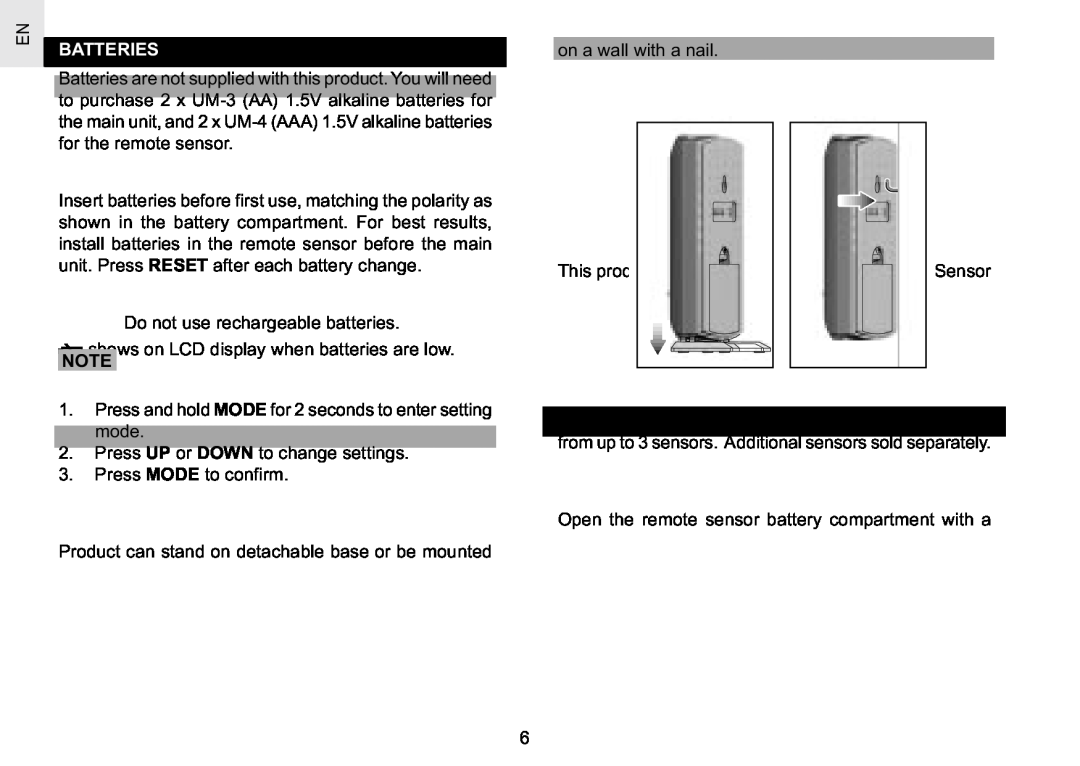 Oregon Scientific RAR186 specifications Batteries 