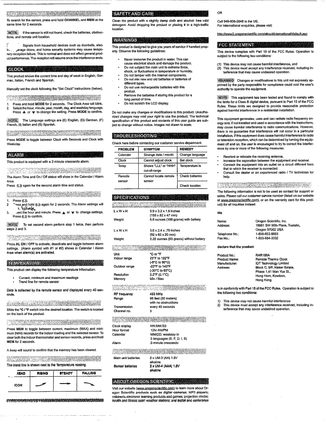 Oregon Scientific RAR188A manual 