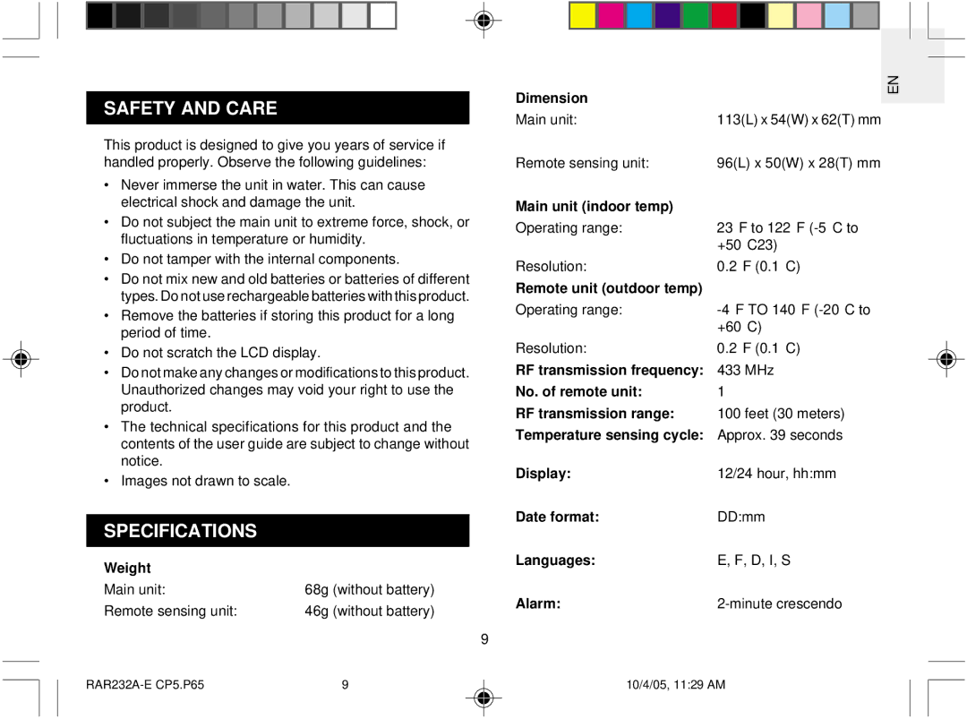 Oregon Scientific RAR232 user manual Safety and Care, Specifications 