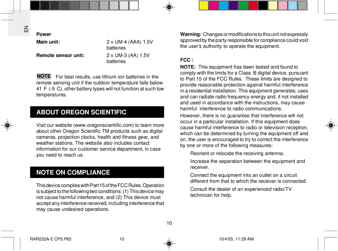 Oregon Scientific RAR232 user manual About Oregon Scientific, Power Main unit, Remote sensor unit, Fcc 