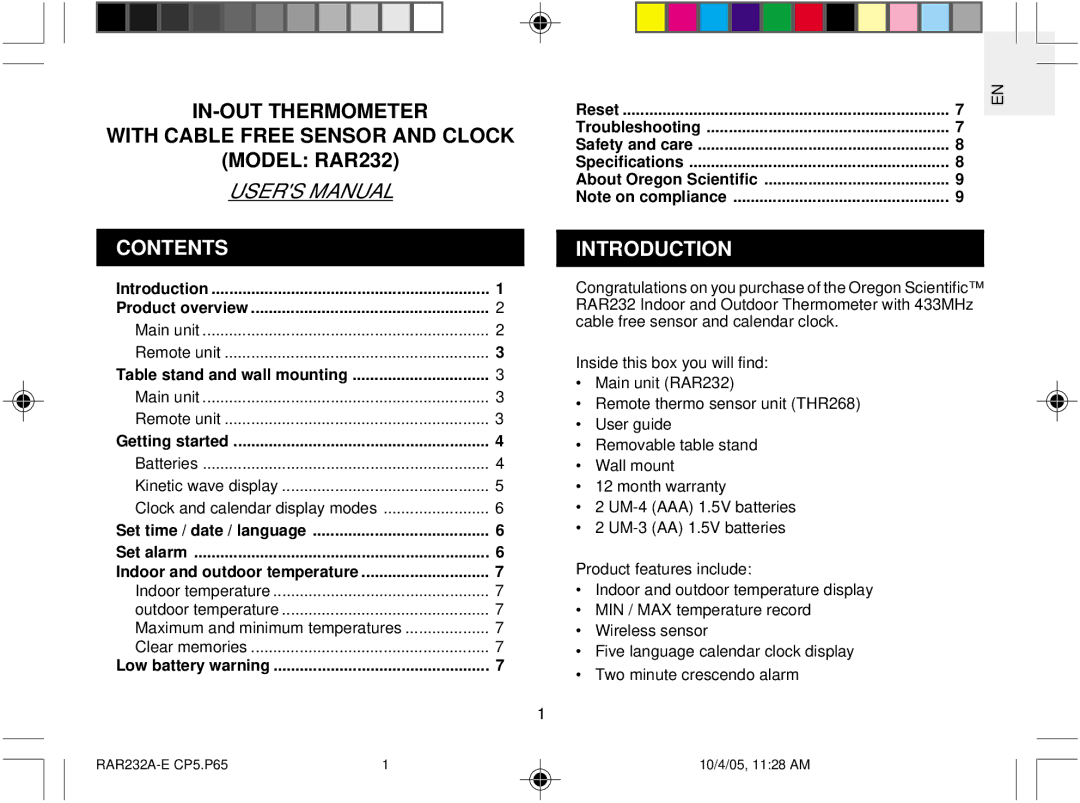 Oregon Scientific RAR232 user manual Contents, Introduction 