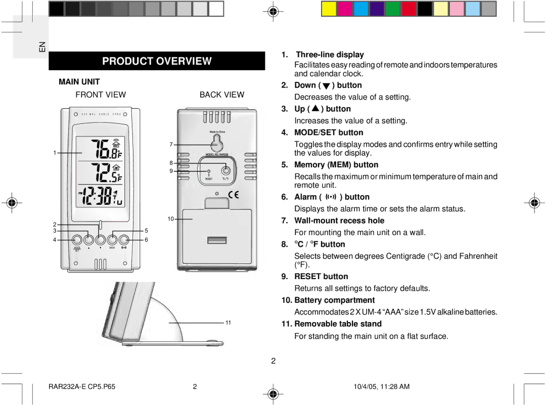 Oregon Scientific RAR232 user manual Product Overview, Main Unit 