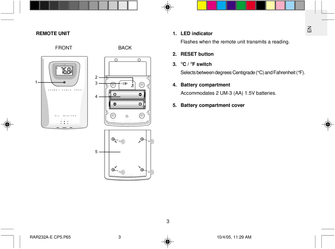 Oregon Scientific RAR232 user manual Remote Unit, LED indicator, Reset button Switch, Battery compartment cover 