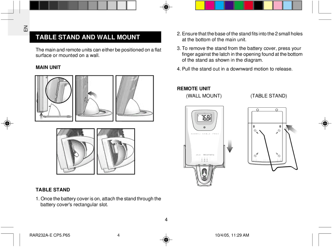 Oregon Scientific RAR232 user manual Table Stand and Wall Mount, Main Unit Table Stand 