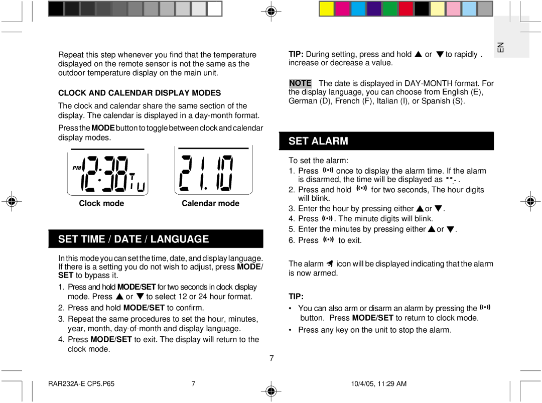 Oregon Scientific RAR232 user manual SET Time / Date / Language, SET Alarm, Clock and Calendar Display Modes, Mode/Set, Tip 