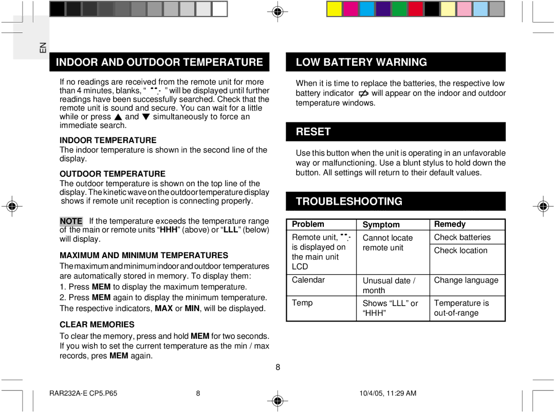 Oregon Scientific RAR232 user manual Indoor and Outdoor Temperature, LOW Battery Warning, Reset, Troubleshooting 