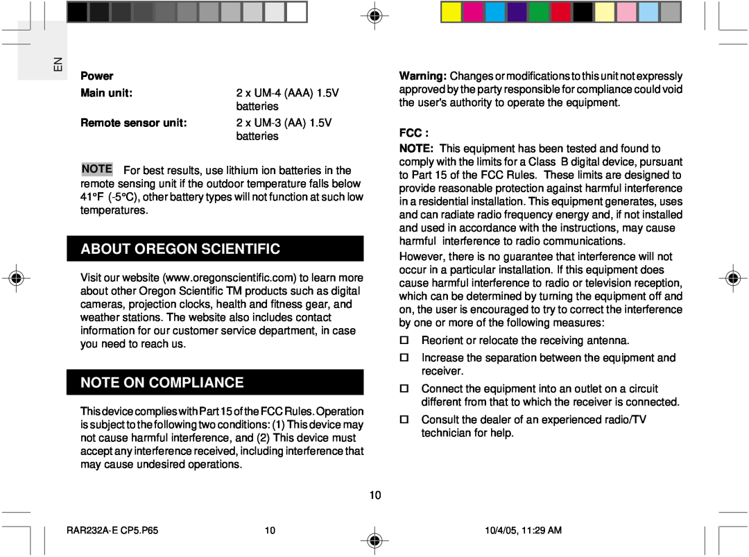 Oregon Scientific RAR232 user manual About Oregon Scientific, Note On Compliance, Power, Main unit, Remote sensor unit 