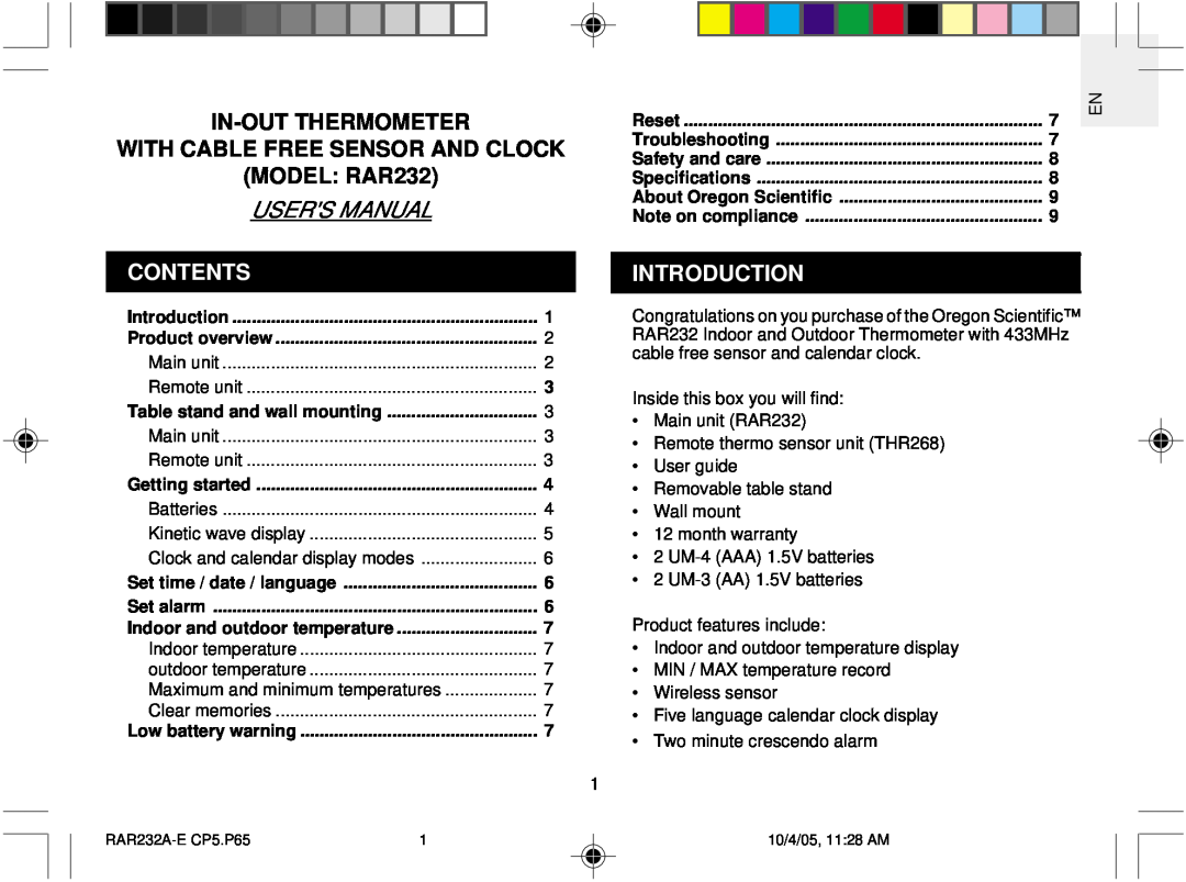 Oregon Scientific user manual Contents, Introduction, MODEL RAR232, Users Manual 