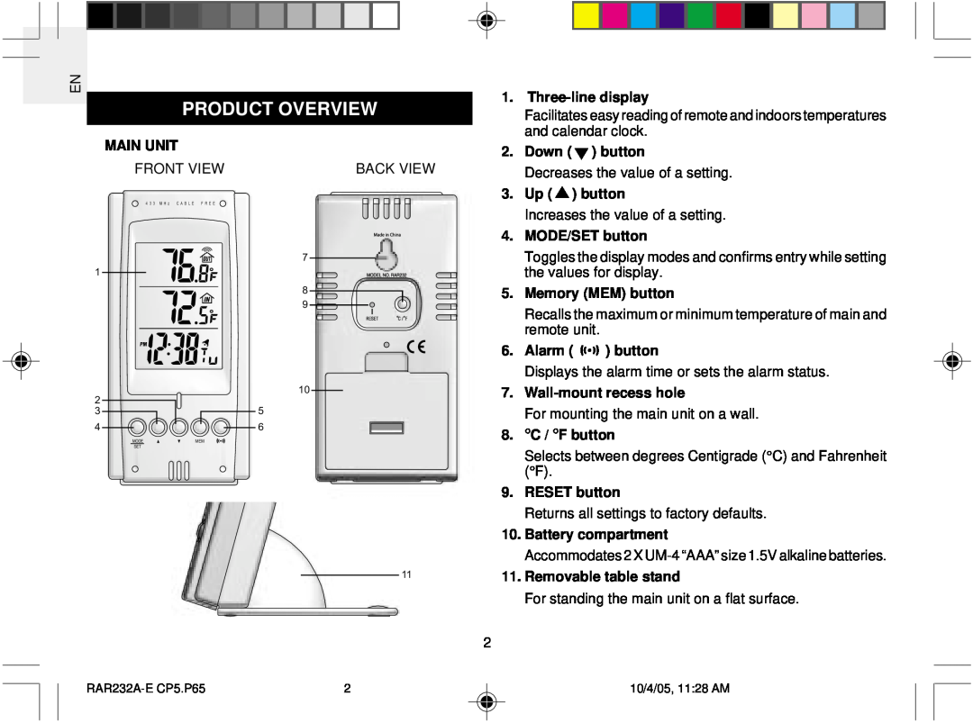 Oregon Scientific RAR232 user manual Product Overview 