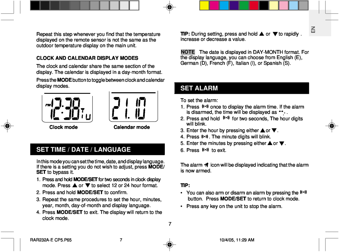 Oregon Scientific RAR232 user manual Set Time / Date / Language, Set Alarm, Mode/Set 