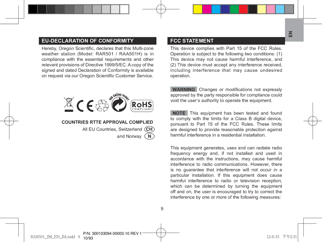 Oregon Scientific RAR501, RAA501H user manual EU-Declaration of conformity, FCC statement, Countries Rtte Approval Complied 