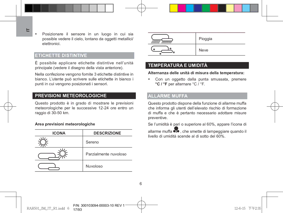 Oregon Scientific RAA501H Etichette distintive, Temperatura e umidità, Previsioni meteorologiche, Allarme muffa, Icona 