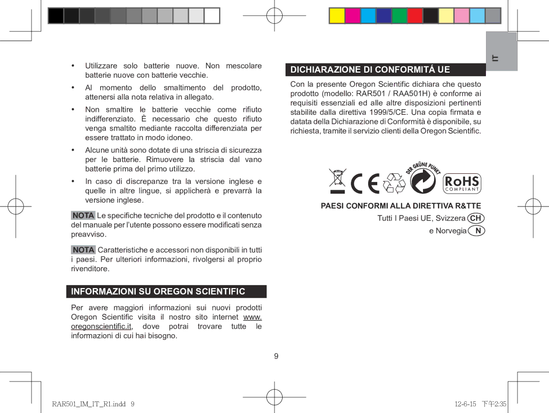 Oregon Scientific RAR501, RAA501H user manual Paesi Conformi Alla Direttiva R&TTE 