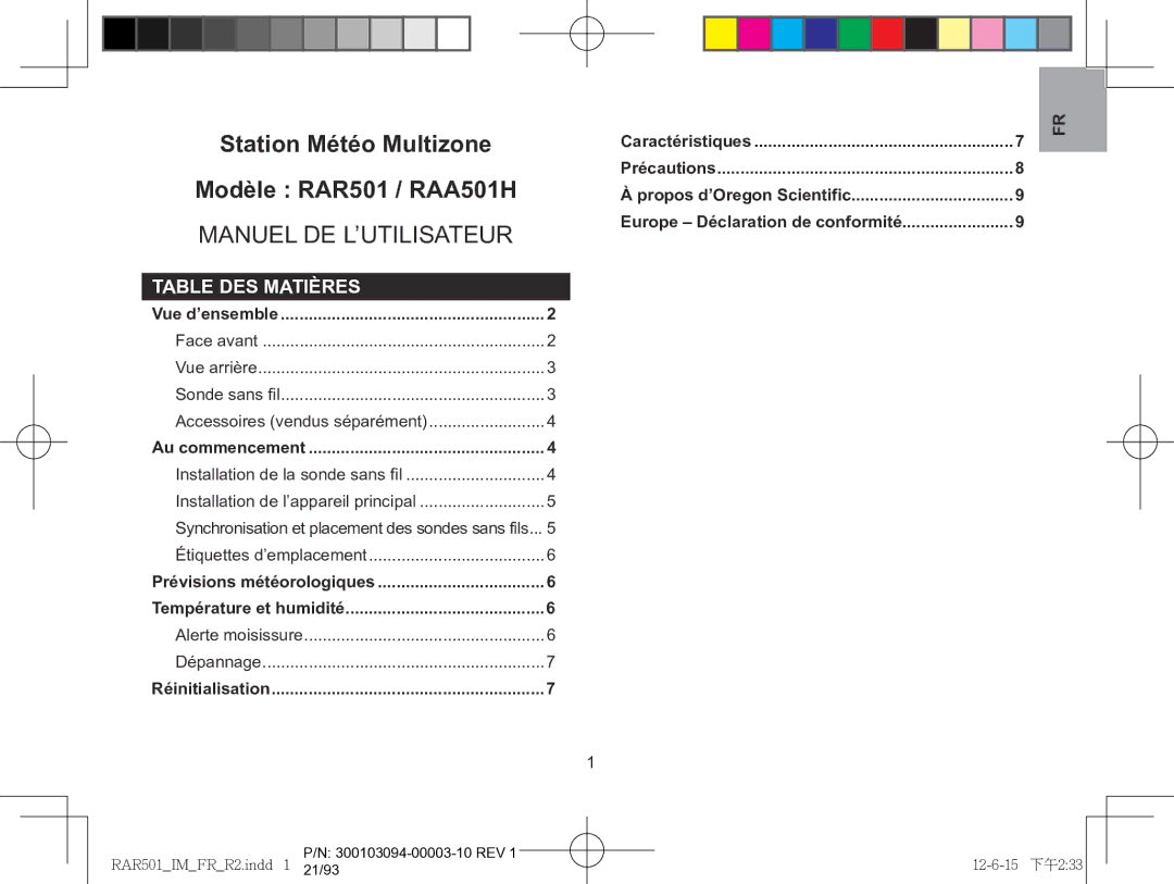 Oregon Scientific user manual Modèle RAR501 / RAA501H, Table des matières 