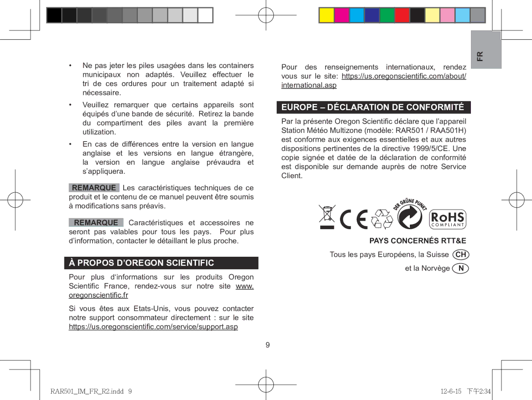 Oregon Scientific RAA501H, RAR501 Propos d’Oregon Scientific Europe Déclaration de conformité, Pays Concernés RTT&E 