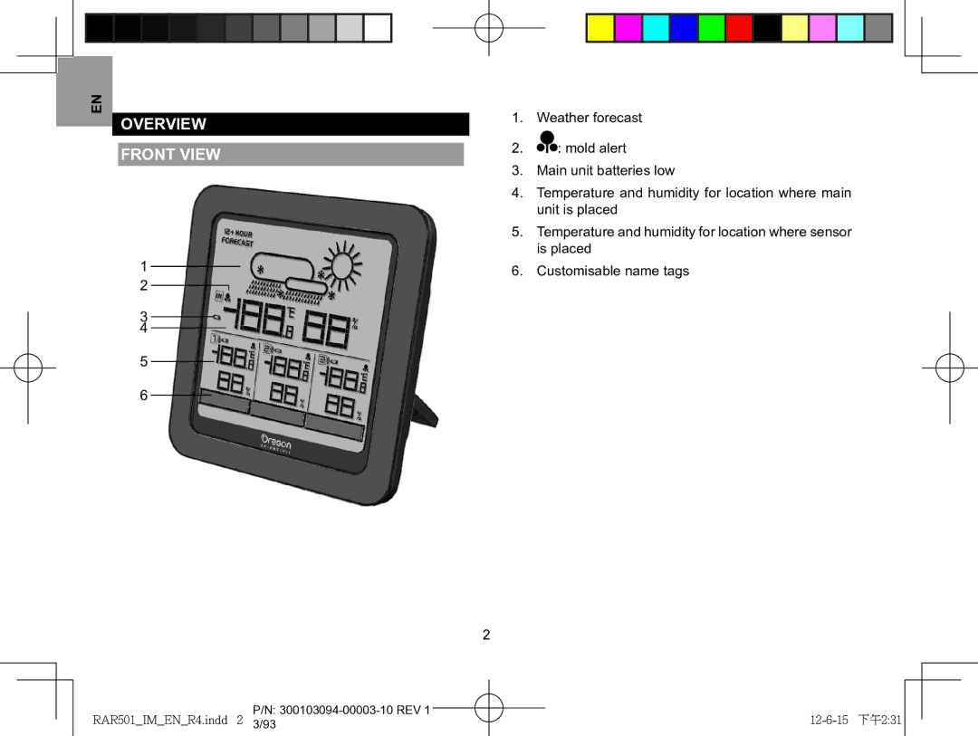 Oregon Scientific RAA501H, RAR501 user manual Overview Front view 