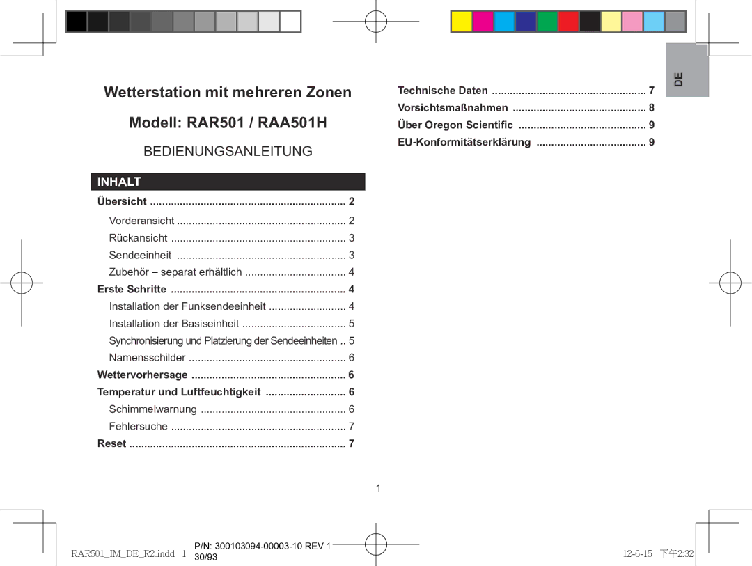 Oregon Scientific user manual Wetterstation mit mehreren Zonen Modell RAR501 / RAA501H, Inhalt 