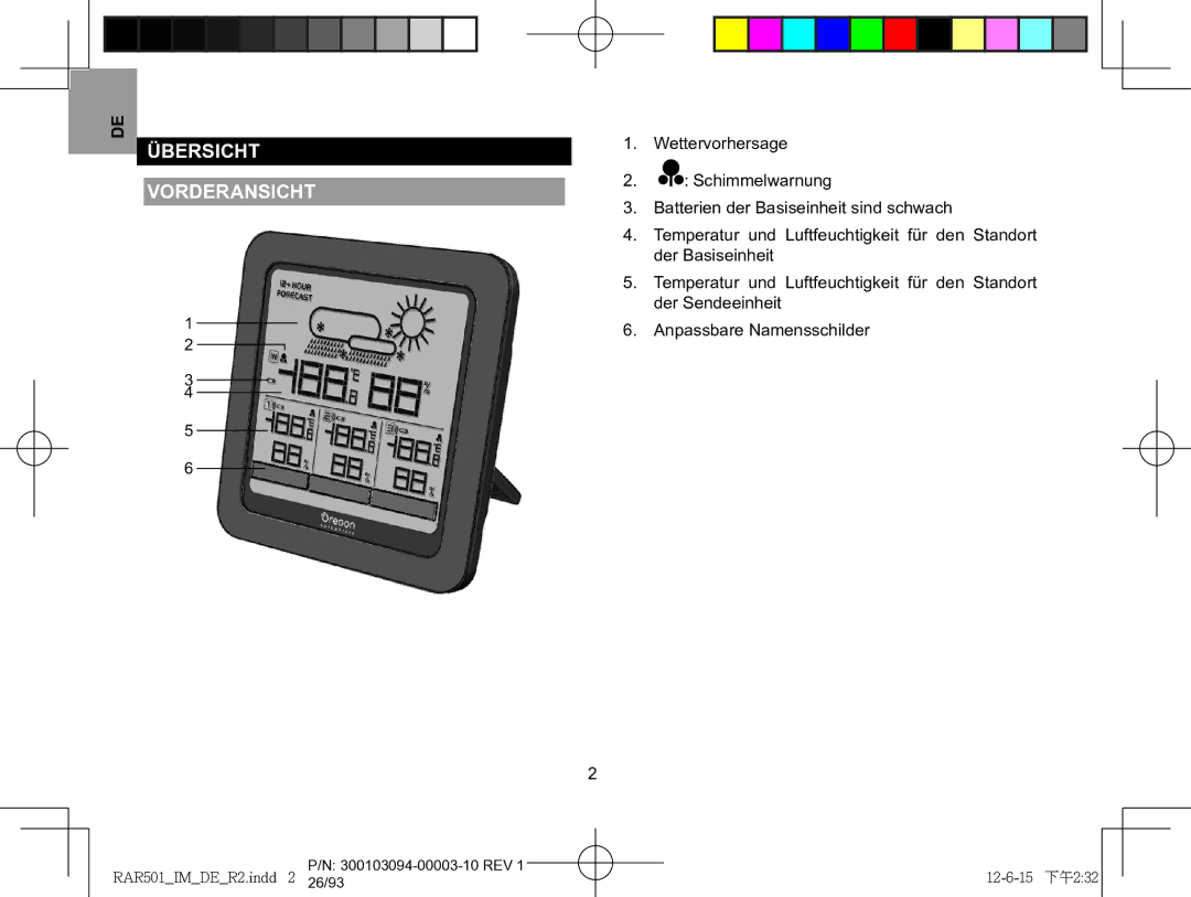 Oregon Scientific RAA501H, RAR501 user manual Übersicht Vorderansicht 