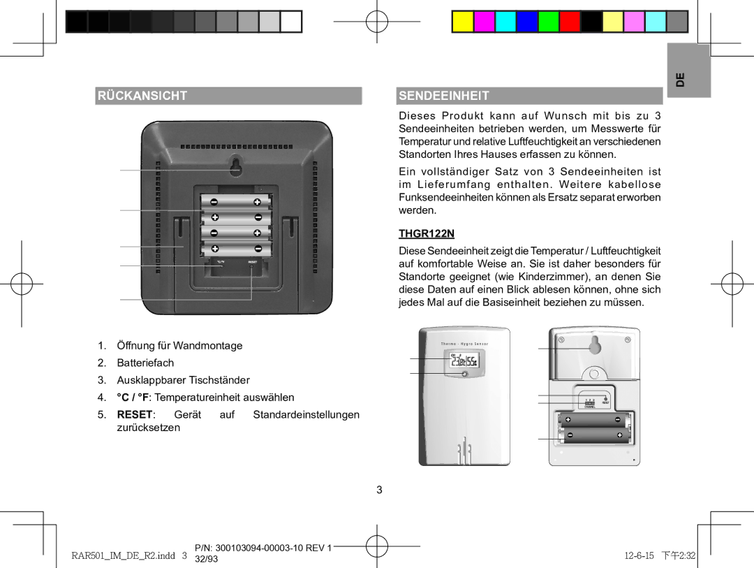 Oregon Scientific RAR501, RAA501H user manual Rückansicht, Sendeeinheit 