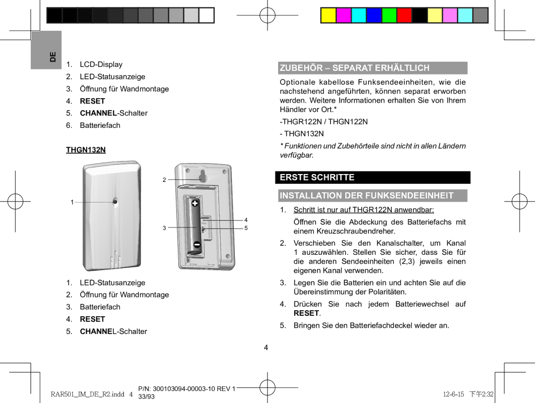 Oregon Scientific RAA501H, RAR501 user manual Zubehör separat erhältlich, Erste Schritte Installation der Funksendeeinheit 