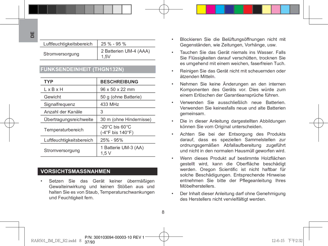 Oregon Scientific RAA501H, RAR501 user manual Funksendeinheit THGN132N, VorsichtsmaSSnahmen 