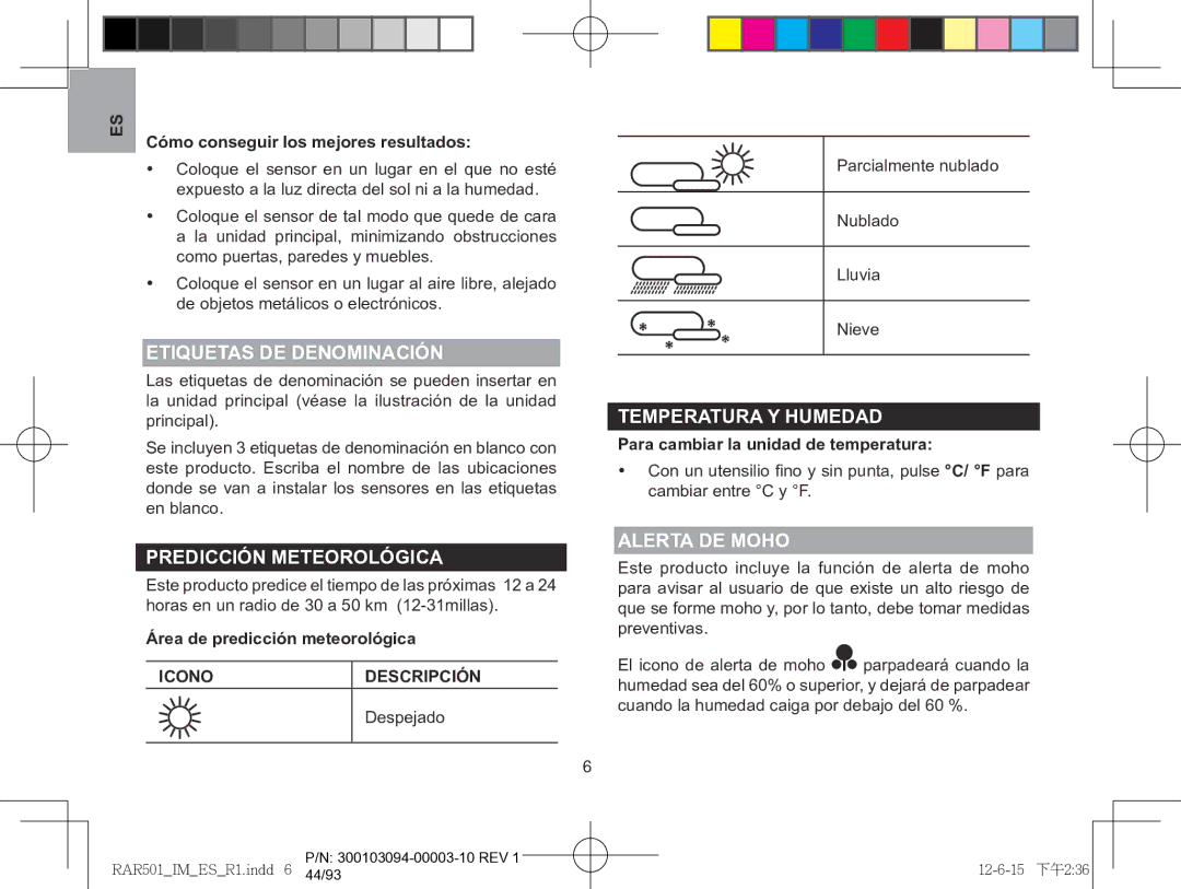 Oregon Scientific RAR501 Etiquetas de Denominación, Predicción meteorológica, Temperatura y humedad, Alerta de moho 