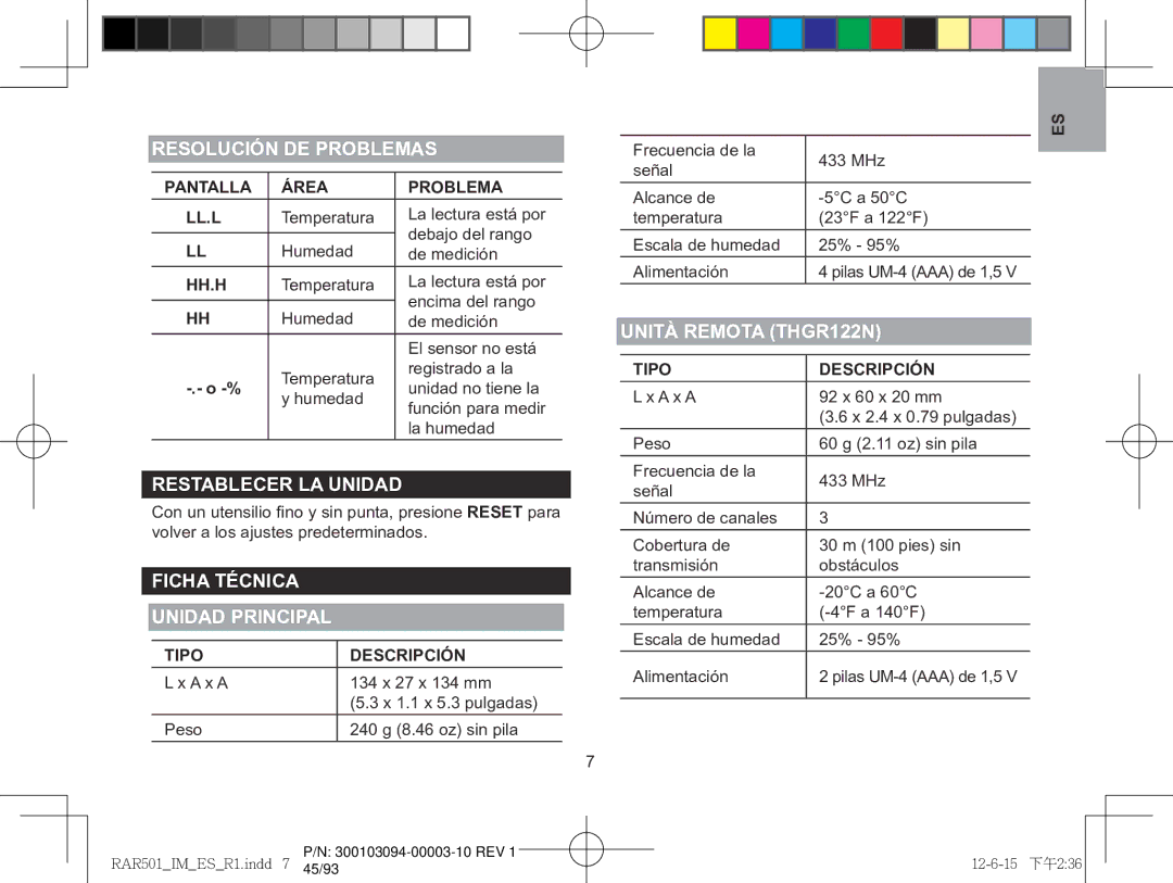 Oregon Scientific RAA501H, RAR501 user manual Resolución de problemas, Restablecer LA Unidad, Ficha Técnica Unidad principal 