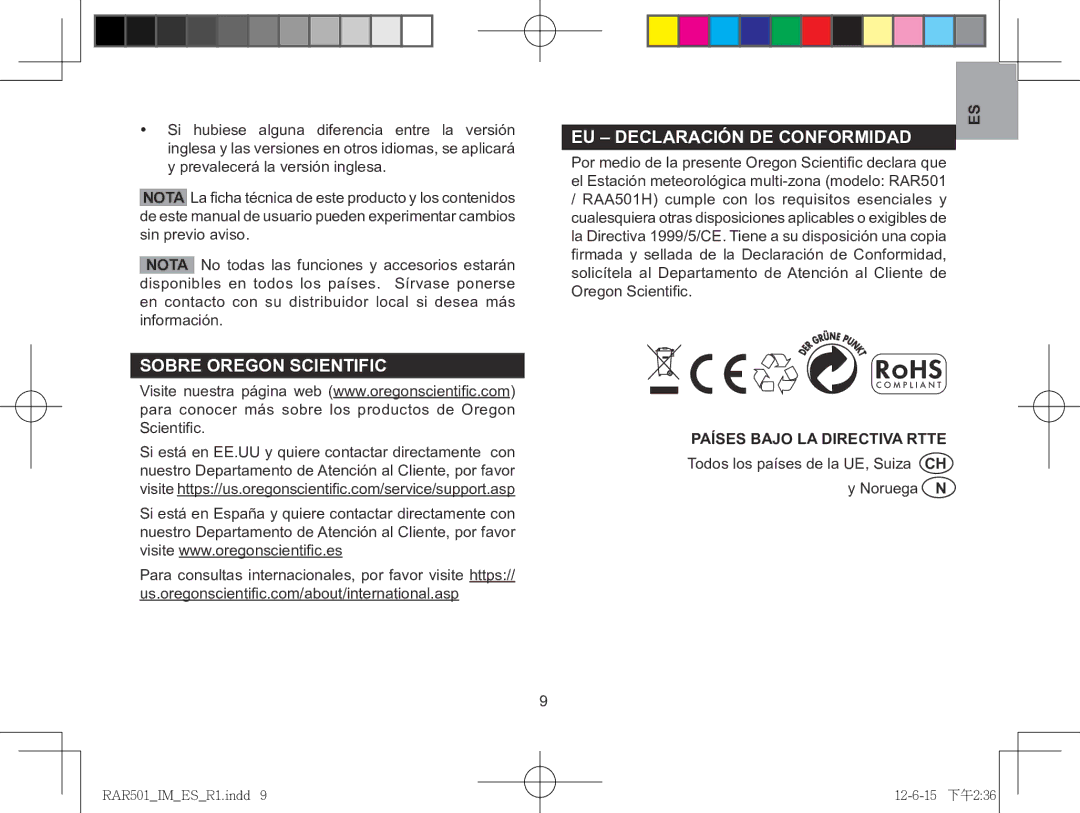 Oregon Scientific RAA501H, RAR501 EU Declaración de conformidad, Sobre Oregon Scientific, Países Bajo LA Directiva Rtte 