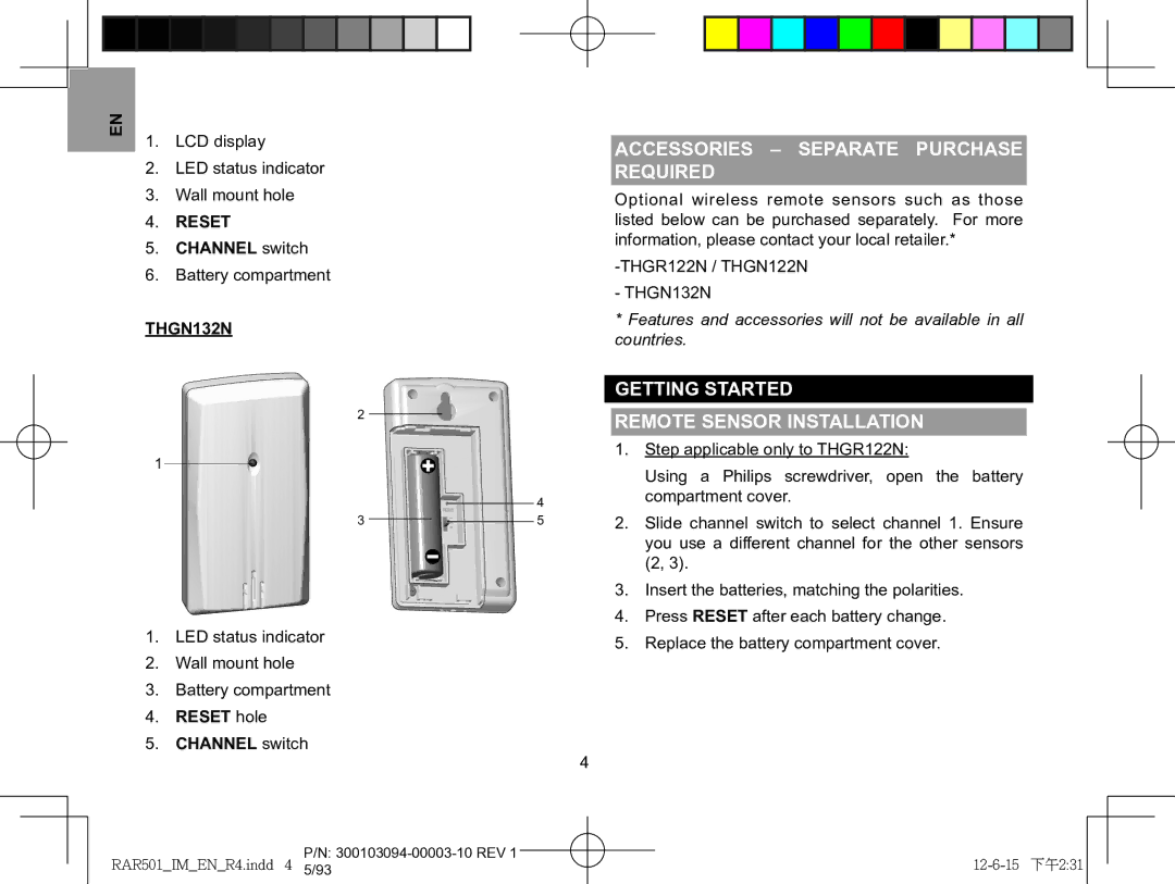 Oregon Scientific RAA501H Accessories sepARATE purchase Required, Getting started Remote sensor installation, Reset 