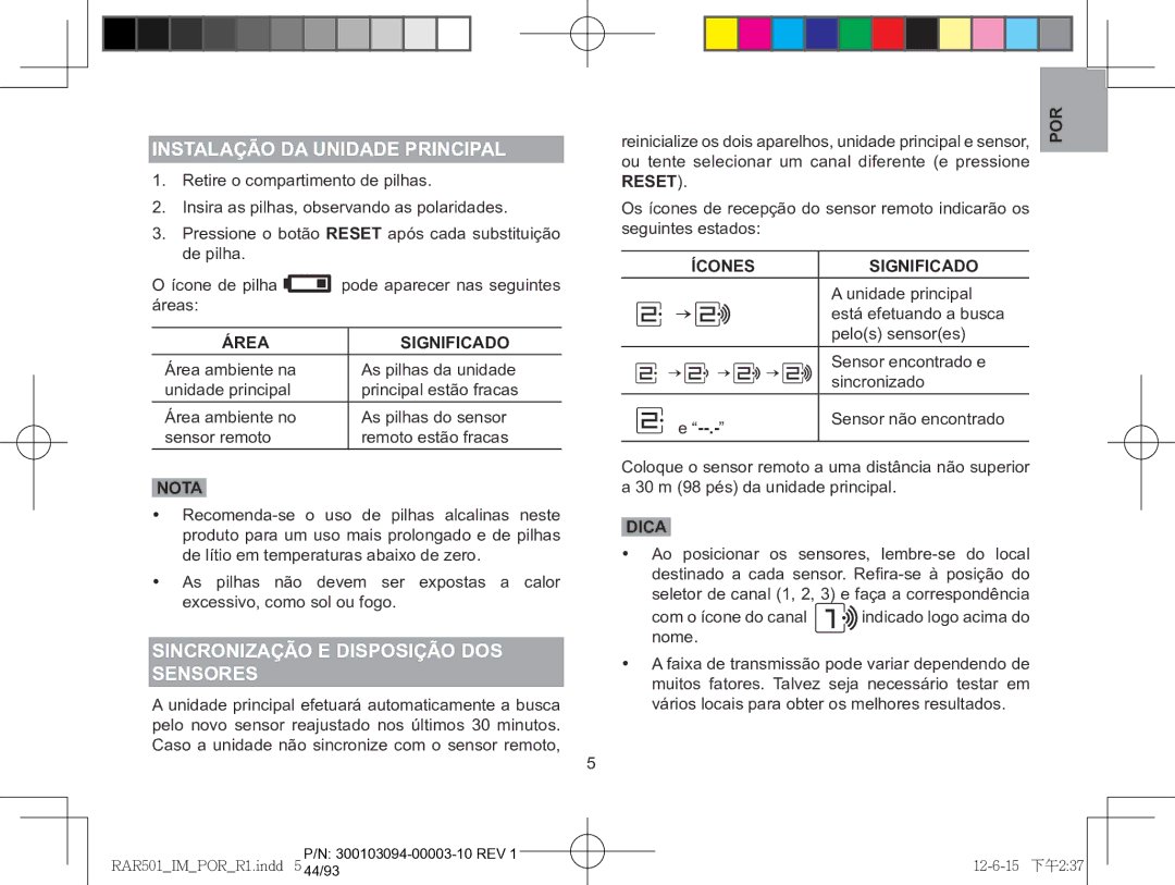 Oregon Scientific RAR501 InstalaÇÃo DA UnIDADE Principal, Sincronização e disposição dos Sensores, Ícones Significado 