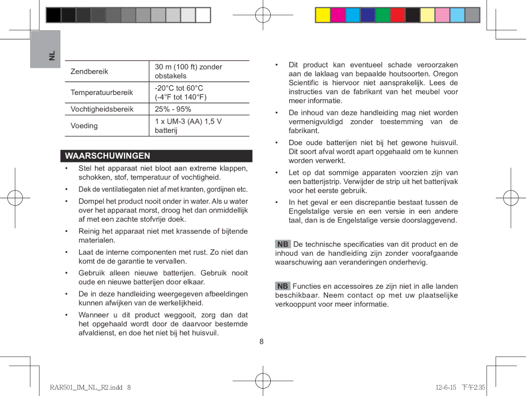 Oregon Scientific RAR501, RAA501H user manual Waarschuwingen 