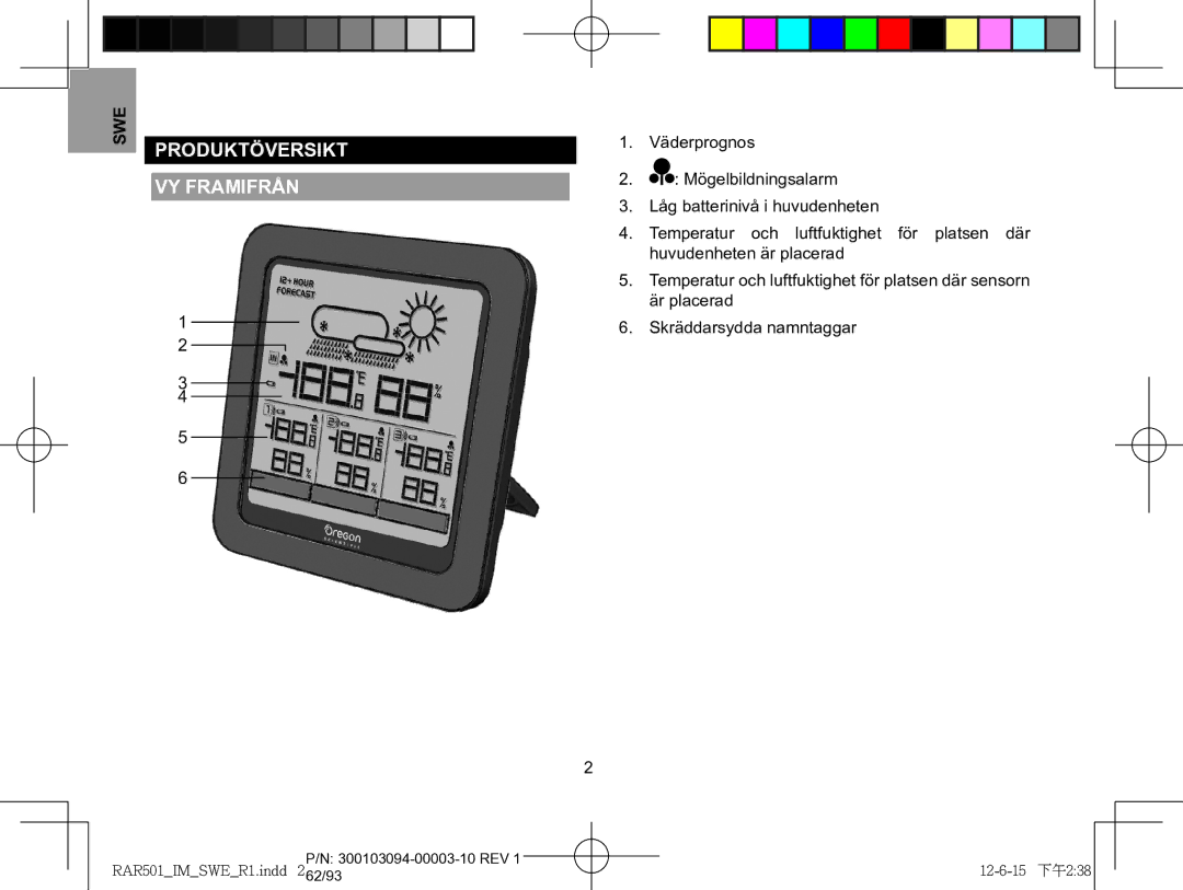 Oregon Scientific RAA501H, RAR501 user manual Produktöversikt, Vy framifrån 