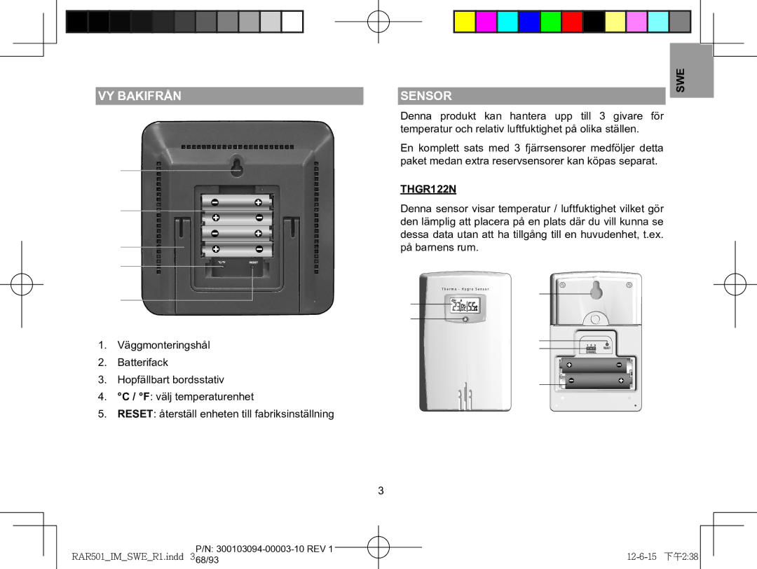 Oregon Scientific RAR501, RAA501H user manual Vy Bakifrån, Sensor 