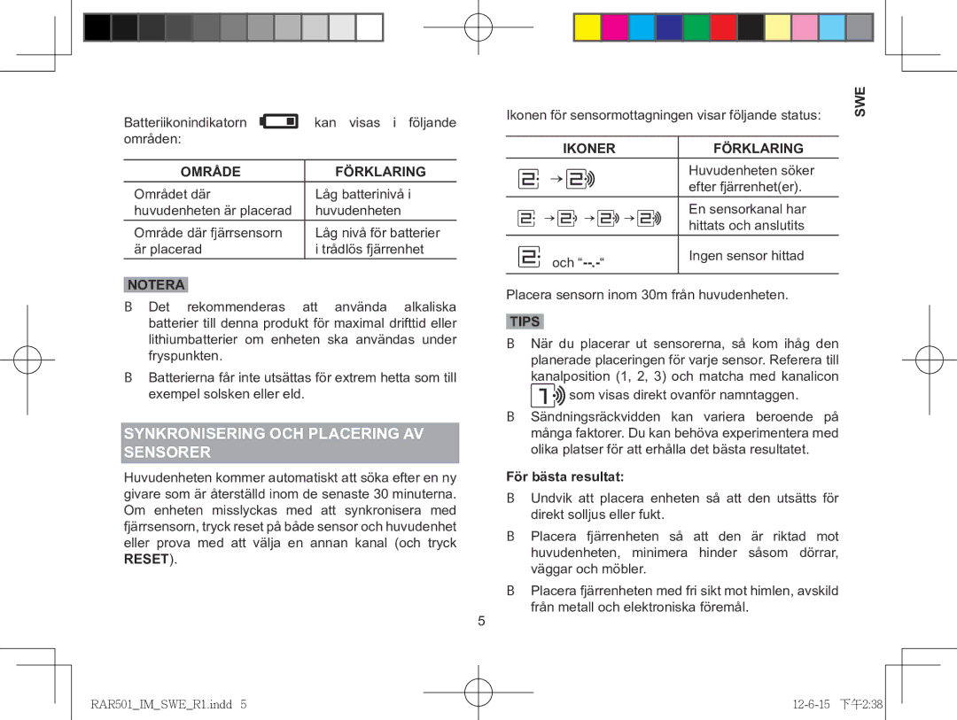 Oregon Scientific RAR501, RAA501H Synkronisering och placering aV Sensorer, Område Förklaring, Ikoner Förklaring, Tips 