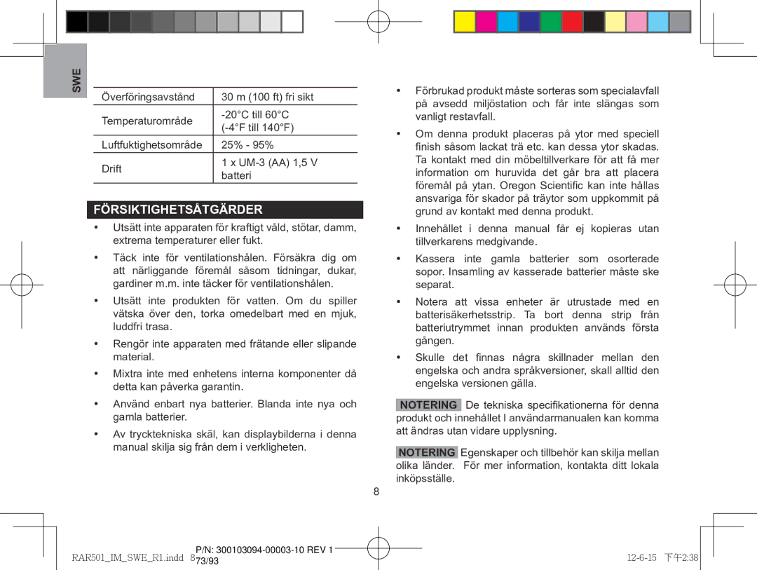 Oregon Scientific RAA501H, RAR501 user manual Försiktighetsåtgärder 