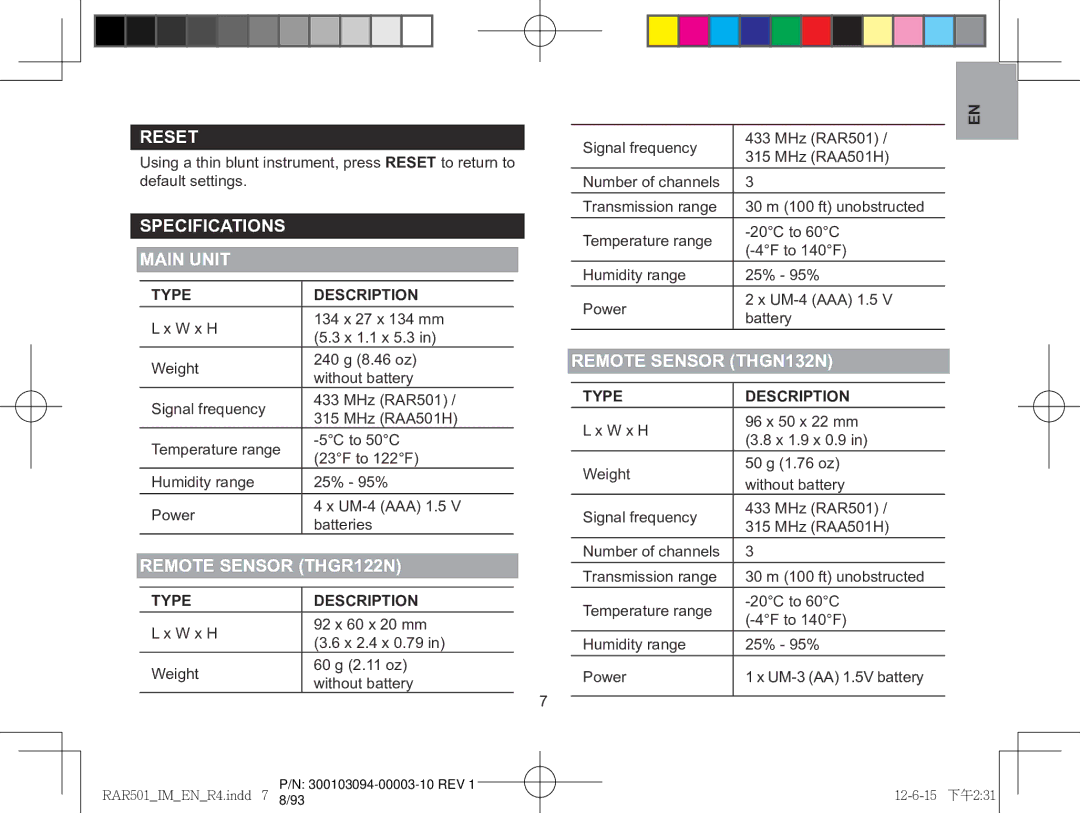 Oregon Scientific RAR501 Reset, Specifications Main unit, Remote sensor THGR122N, Remote Sensor THGN132N, Type Description 