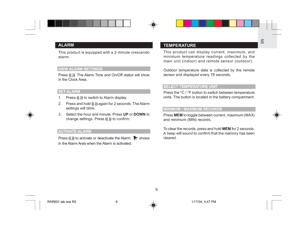 Oregon Scientific RAR601 user manual Alarm, Temperature 