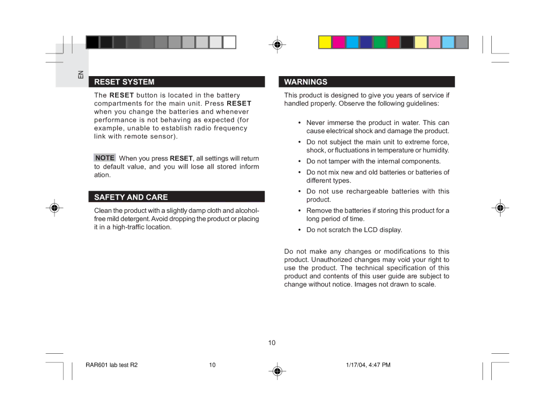 Oregon Scientific RAR601 user manual Reset System, Safety and Care 