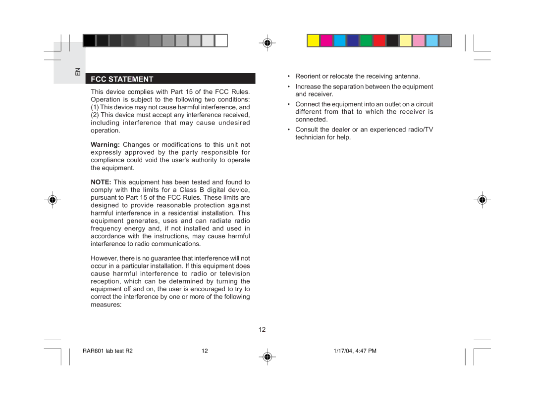 Oregon Scientific RAR601 user manual FCC Statement 